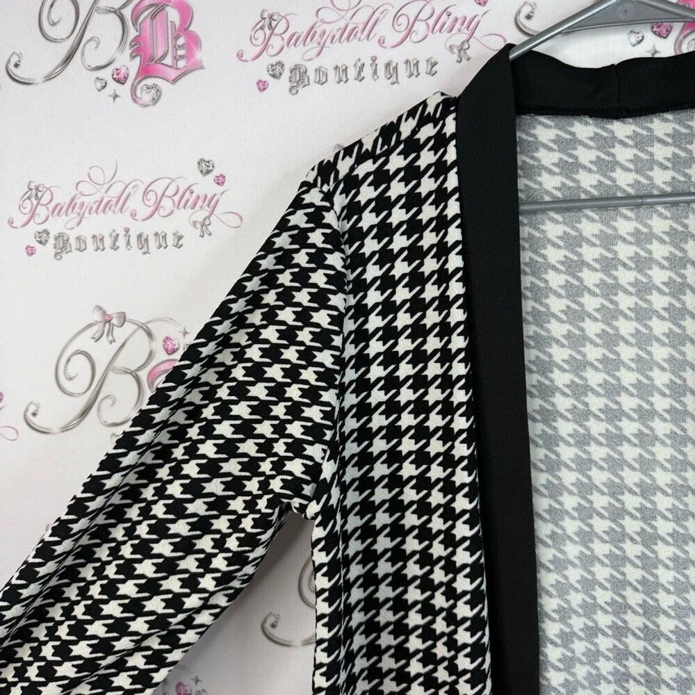 Cardigan long style color block Black and White Houndstooth Long Cardigan